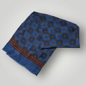 ECHO 100% Wool Scarf Made in Italy Blue Geometric Hand Rolled Hem Fringe Classic